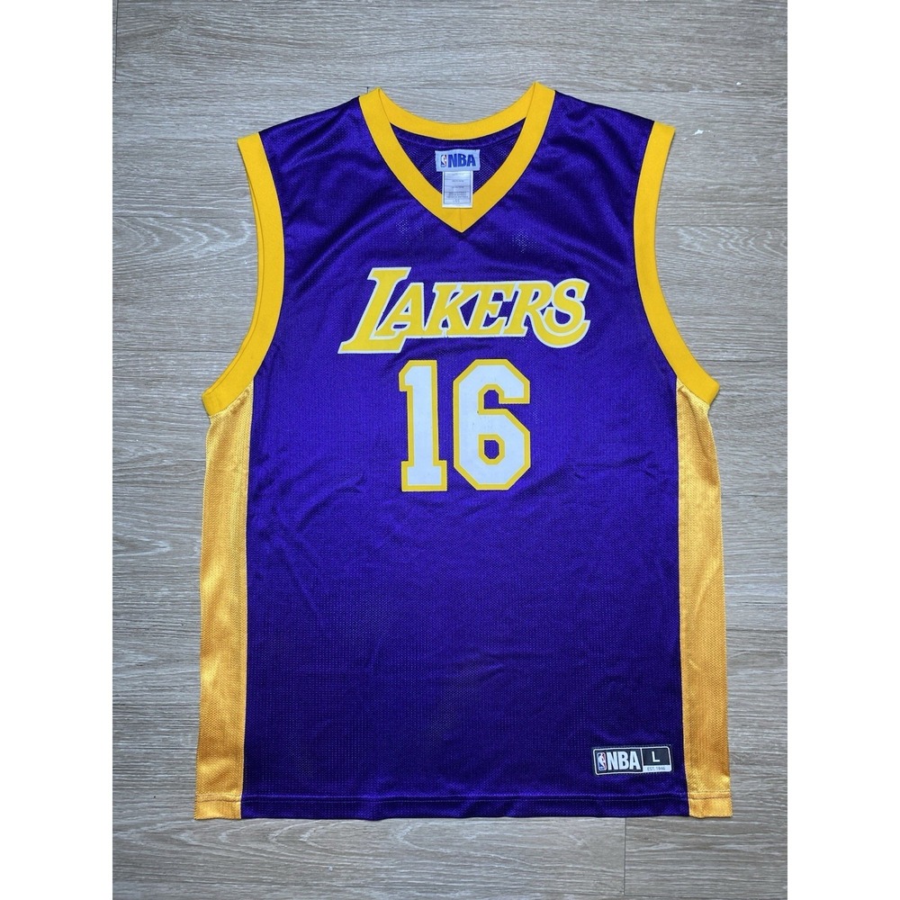 Men LARGE Vintage Y2K NBA Pau Gasol #16 Los Angeles Lakers Jersey Purple Gold